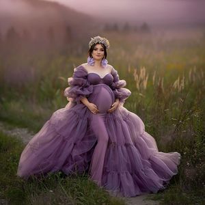 Robe de séance photo de maternité violette, taille Empire, manches longues, robe de bal avec doublure, robes de fête prénatale