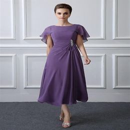 Thé violet longueur mère des robes de mariée avec des enveloppes élégante une ligne en mousseline de soie Madre De Los Vestidos De Novia275k