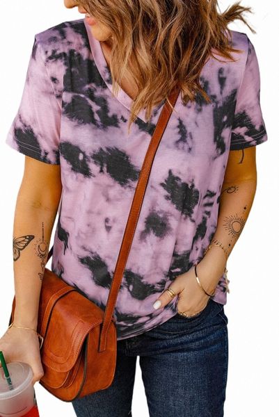 Tie-dye púrpura camiseta con cuello en V 2023 Hot New 2023 Hot New w3dT #