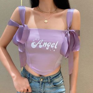 Paarse top vrouwen zomer meisjes shirt engel slanke korte sexy kant schattige vlinder bandage sling backless vest 210422