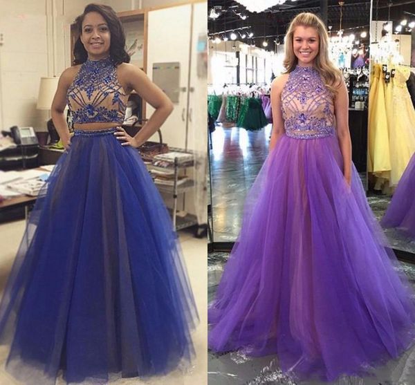 Pourpre Deux Pièce Robes De Bal À Haut Cou Cou Avec Des Pierres Perlées Cristal Dos Ouvert Dos Une Robe De Soirée Longue Robe Formelle Occasion Robes De Festa Tulle