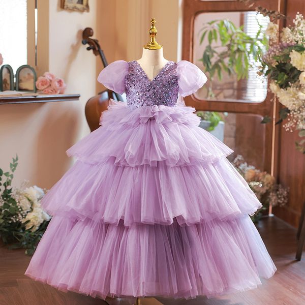 Vestidos de flores de cuello púrpura V para el cuello Pearas brillantes Cristales de la pelota Vata de la niña de la boda Boda de cumpleaños vestidos de la fiesta del concurso Tulle Tul First Communion Vestido 403