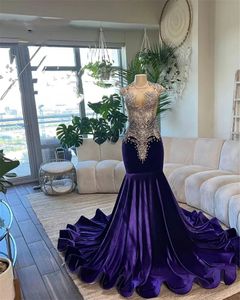 Purple Veet Mermaid Prom Dresses Crystal Beading Sheer Neck Plus Size Formal Evening Birthday Party Jurken Vestidos