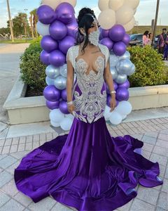 Purple Veet Sheer O Neck Long Prom para niñas negras 2024 Vestidos de fiesta de cumpleaños con cuentas de cristal Vestidos de noche con borlas Robe De Bal 322 322