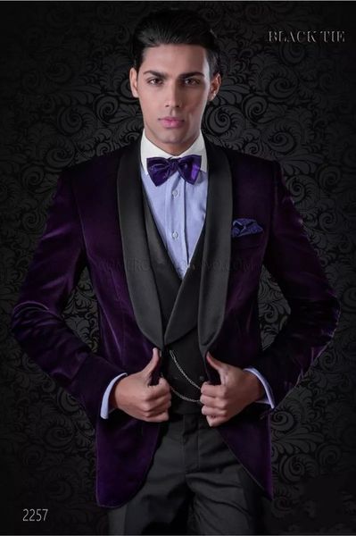 Purple Velvet Groom Tuxedos Automne Hiver Style Garçons D'honneur Hommes Robe De Mariée Homme Veste Blazer 3 Pièce Costume (Veste + Pantalon + Gilet + Cravate) 1103