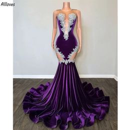 Purple Velvet Long African Women Prom Dresses Delicate Silver Lace Appliques Sheer O-Neck Formal Evening Jurns Slim and Flare Special Accession Party Durk CL3464