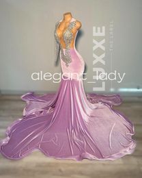 Vestidos de graduación de sirena largos de terciopelo morado para mujer, vestido Formal de Gala de noche de cristal con diamantes brillantes, transparente, negro, 2024