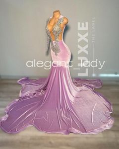 Robe de bal longue sirène en velours violet pour femmes, robe formelle de Gala de soirée en cristal et diamant scintillant, noire transparente, 2024