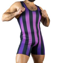 Violet Rayures Verticales Lutte Singlets Costume Boxe Triathlon One Piece Body Fer Hommes Maillots De Bain Gym Sport Fitness Skinsuit 240319