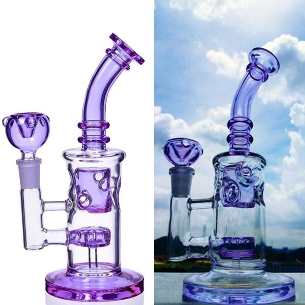 Cachimbas de cristal púrpura Pipa para fumar Colector de ceniza Reciclador Plataformas petroleras 14 mm Burbujeador conjunto Percolador embriagador Bongs de agua