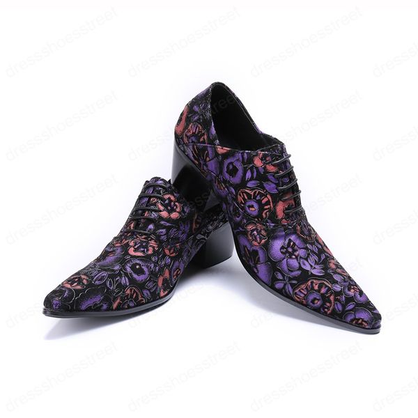 Chaussures de robe de mariée violettes pour hommes, chaussures habillées à lacets florales à la mode, chaussures rehaussantes de 6cm pour hommes, grande taille