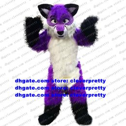 Purple White Long Bury Furry Wolf Mascot Costume Fox Husky Dog Fursuit Alaskan volwassen stripfiguur Karakter Naam Promotie ZX537