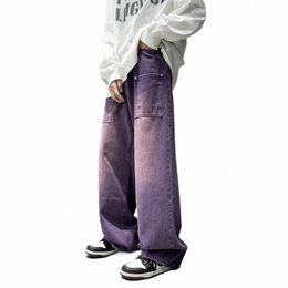 Pantalones vaqueros anchos púrpuras para hombres Ins Fi Hip Hop Pantalones de mezclilla Pantalones casuales vintage Ropa de calle Pantalones de gran tamaño Ropa masculina Y2K 370h #