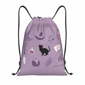 Purple Witch Pack Drawtring Backpack Sports Gym Bag voor vrouwen Men Halen Spooky Cat Training Sackpack M3vo#