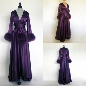 Púrpura Mujeres Prom Vestidos Bathrobe Nightgown Seda Satin Satin Sleepwear Robe Túnica Dama de Brides Vestidos de noche Petites Tallas grandes Hecho a medida