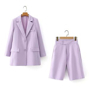 Blazer elegante púrpura para mujer, conjunto de pantalones cortos ajustados a la moda para mujer, conjunto de chaquetas bonitas informales para mujer, conjuntos de chicas dulces chic 210430