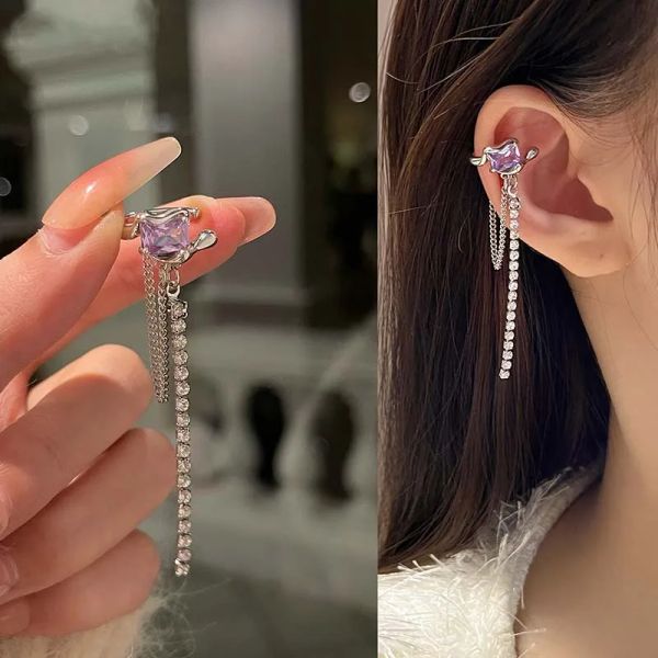 Clip d'oreille en chaîne en Zircon violet pour femmes, faux Piercing en forme de C, manchette sur boucles d'oreilles en or blanc 14K, bijoux cadeau