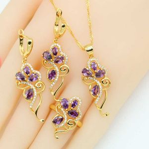 Conjuntos de joyería de Color dorado de circonia púrpura para mujer, pendientes, collar, anillos colgantes, caja de regalo, negro, blanco, azul, colores H1022