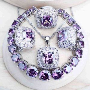 Ensemble de bijoux de mariée en zircone violette pour femmes, bijoux de Costume fins en argent 925, boucles d'oreilles de mariage, bagues, Bracelets, pendentif, collier