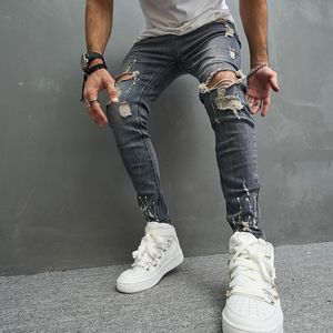 paars Skinny jeans voor heren Fashional Casual Slim Biker Denim Broek Kniegat hiphop Ripped Washed Distressed
