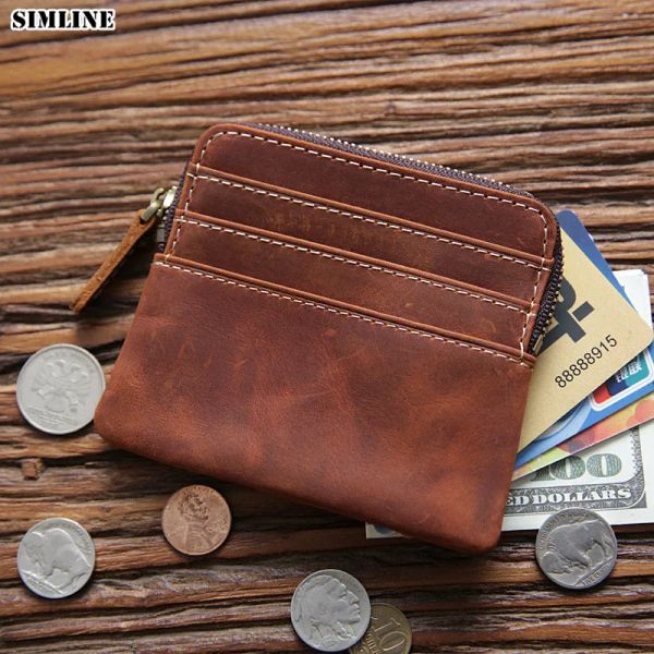 Pursos Simline Monedero de monedas de cuero genuino para hombres Vintage Hecho a mano Corto pequeño Pequeño Slim Tarjeta de billetera Case Bolsas de bolsas de dinero