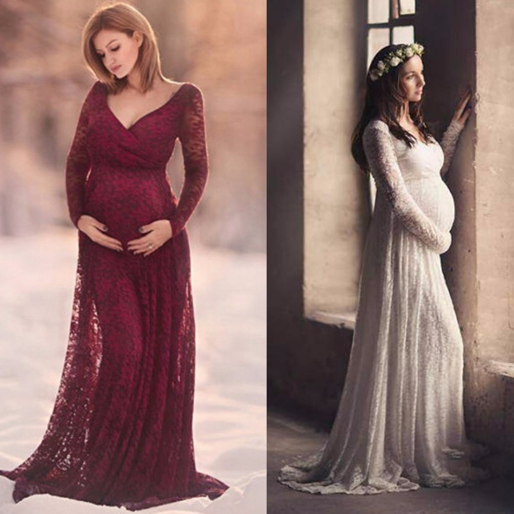 PUSEKY M-2XL Dantel Annelik Elbise Fotoğraf Prop V Yaka Uzun Kollu Düğün Elbise Hamile Kadınlar Elewear Artı Boyutu