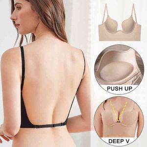 Reggiseno push-up senza schienale Reggiseno donna Low Cut Reggiseno a tuffo sexy Aperto sul retro Biancheria intima da sposa Invisibile senza cuciture Deep U Lingerie L220727