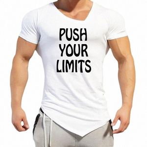 Poussez vos limites Gym T-shirts Hommes Été Oblique Col V Slim Manches Courtes T-Shirt Cott Ourlet Irrégulier Serré Fitn Vêtements L6a9 #
