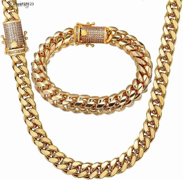 Putouzip Miami Conjunto de cadena de eslabones cubanos para hombres Acero inoxidable chapado en oro de 18 quilates Pulsera de 10 mm Collar Cadenas de diamantes DEF7