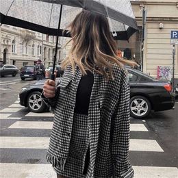 PUWD Casual Vrouw Losse Houndstooth Kwastje Shirt Jas Chique Mode Dames Oudsize Plaid Jas Vrouw Streetwear Uitloper 211014