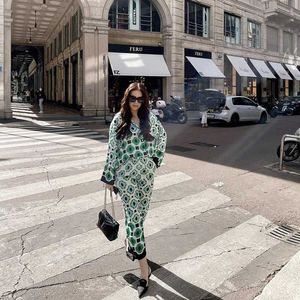PUWD Casual Dames Groene Print Blouse Suit Spring Elegante Vrouwelijke Streetwear Pant Matching Sets Dames Vinatge Geometry Suits 210930