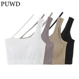 PUWD elegante mujer sexy sin espalda delgado suave tanque verano moda damas color sólido sin mangas tops cortos niñas crop top 220318