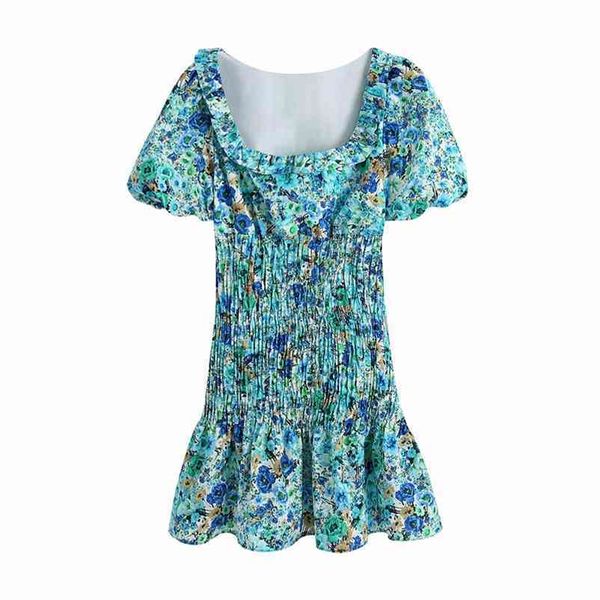 PUWD Sweet Women Square Collar Draw Back Vestido Verano Moda Damas Playa Estilo Vintage Flor Femenina Impresión 210522