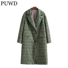 PUWD Vintage Vrouwen Losse V-hals Wollen Jas Herfst Mode Dames Groene Zakken Casual Lange Jassen Vrouwelijke Chic Uitloper 211110