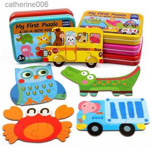 Puzzels 2020 Cartoon 3D Ijzeren Doos Houten Dier/Verkeer Baby Puzzels Educatief Speelgoed Houten Puzzel Jigsaw Speelgoed Voor Kinderen GiftL231025