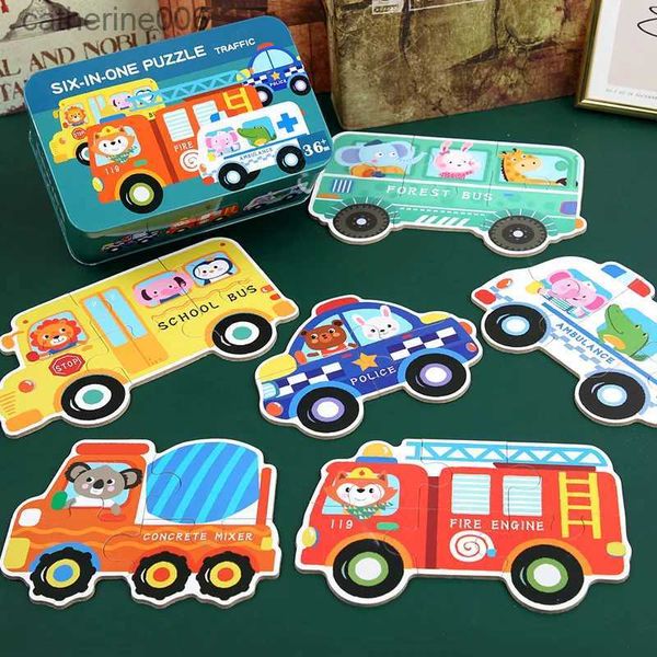 Puzzles 6 in1 boîte en métal Puzzles en bois Transport d'animaux puzzle portable enfants voyage apprentissage Cognition Puzzles enfants éducation ToyL231025