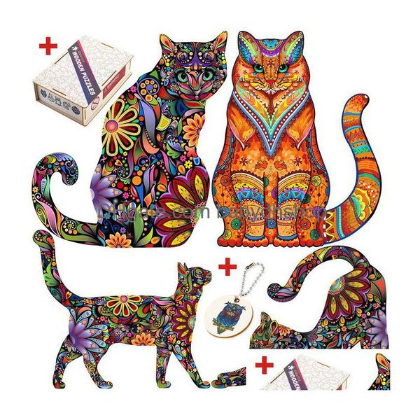 Puzzles Animal Puzzle en bois Mystérieux Chat Puzzle Cadeau pour Adt Enfants Fabous Enfants Jouet Léopard Cadeaux Décoratifs 230529 Drop Deliver Dhcia