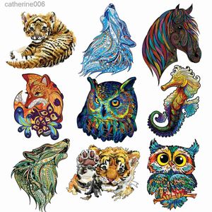 Puzzles Puzzle animaux en bois exquis forme irrégulière Puzzle 3D hibou coloré hippocampe renard jouet intellectuel pour enfants adultes L231025