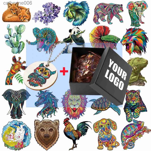 Puzzles Puzzles animaux en bois exquis charmant éléphant coq Puzzle 3D coloré forme irrégulière plante succulente Puzzle GamesL231025