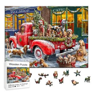 Puzzels Prachtige houten kerstpuzzel voor kinderen en volwassenen Mooie onregelmatig gevormde kerstauto Houten puzzel DIY DrawingL2403