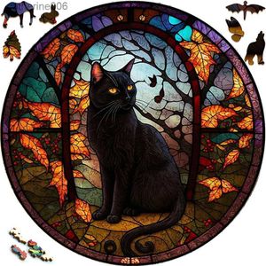 Puzzles Puzzle en bois mystérieux peint chat noir jouet drôle animaux Puzzles en bois jeu intelligent Puzzle de forme ronde meilleur cadeau pour kidL231025