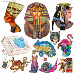 Puzzles Rompecabezas de madera de forma irregular para personas mayores, exquisitos juegos de rompecabezas de gato camaleón del Antiguo Egipto para adultos y niños, juguetes de madera, regalos L231025