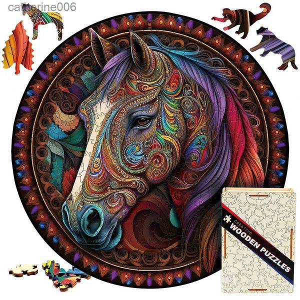 Puzzles Puzzle en bois Mandala cheval 3D, jouets rétro, animaux en bois, jeu de société pour adultes et enfants, avec boîte cadeau en bois, L231025