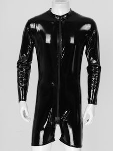 PVC Catsuit Costumes Hommes Mock Neck Zipper Combinaison À Manches Longues Body En Cuir Verni Wet Look Rave Clubwear Lingerie Barboteuse Costume