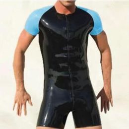 PVC faux lederen catsuit kostuums Lake Blue en Black Mens panty bodysuit eenvoudige jumpsuits cool pak 3-ways front rits naar kont