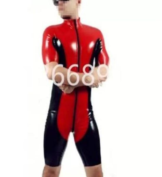 Disfraces de Catsuit de piel sintética de PVC, traje de baño rojo con mallas negras brillantes, traje de baño Zentai con cremallera frontal de 3 vías para ass2378103