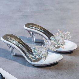 PVC Femme Slipper Chaussures Butterflyknot Femmes Transparent High Talons 65 cm Peep Toe Crystal 240420