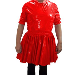 PVC Leather O-Neck korte jurk Mens nachtclub Cosplay Maid Waiter Jurk Sissy Sexy A-Line Mini Dress 7XL