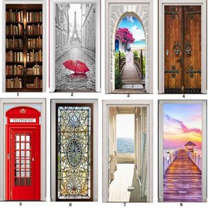 PVC Muurschildering Papier Print Art 3D Boekenplank Toren Zee Deur Stickers Home Decor Foto Zelfklevend Waterdicht Behang Voor Slaapkamer t231a