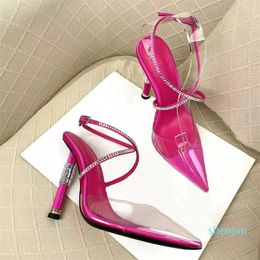 Sandalias de PVC zapatos de metal cilíndrico delgado de tacón alto transparente hebilla cruzada puntiaguda diseñador de lujo boda de las mujeres 11 cm vestido formal zapatos de fiesta